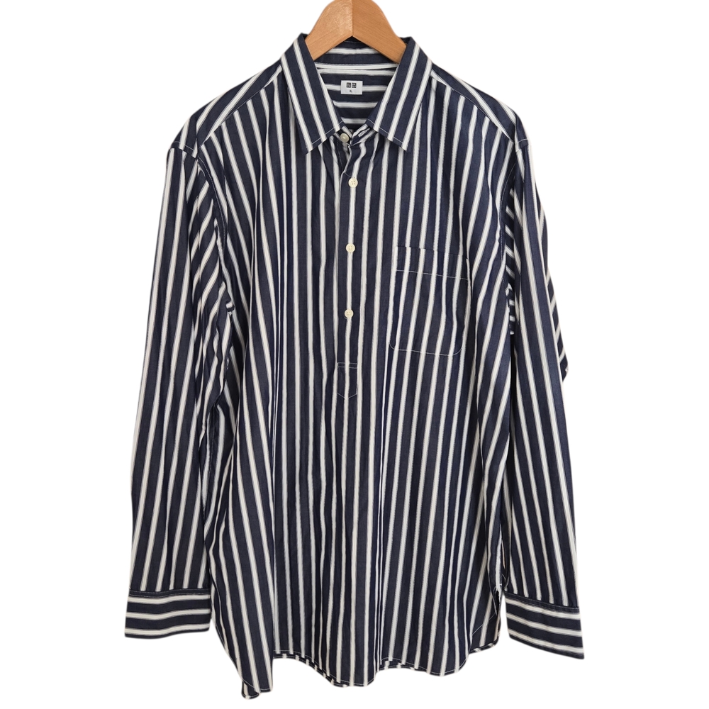 Uniqlo Extra Fine Cotton Broadcloth Popover Shirt Mens XL Navy White Striped